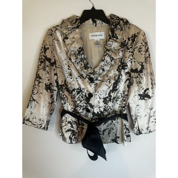 Victor Costa Metallic Jacquard Ruffle Blazer Jacket Size 8 Evening Wear - Picture 1 of 4